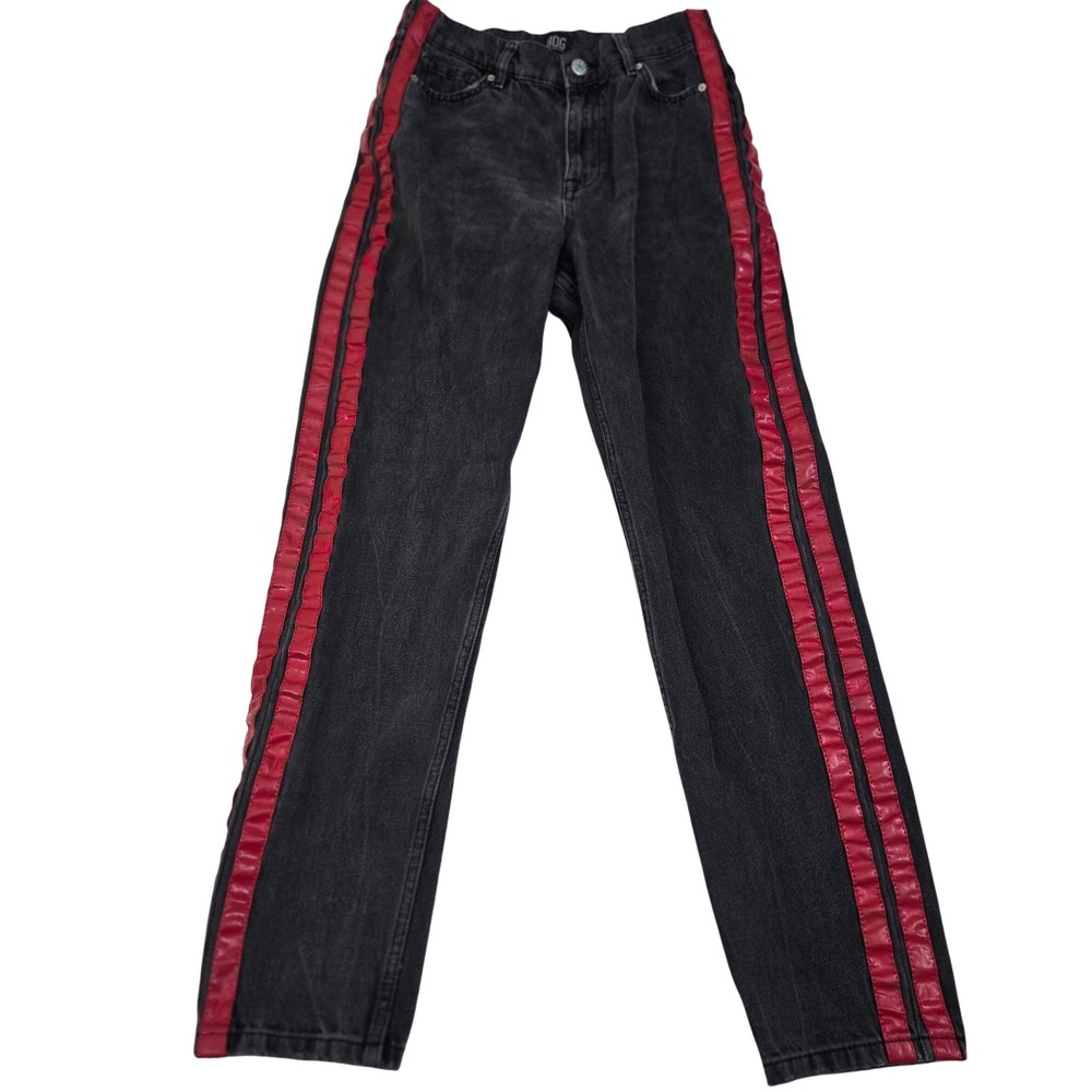 BDG UO Mom Jeans 27 High Rise Tapered‎ Black Red Vinyl Side Stripe 27x29 90s Y2K